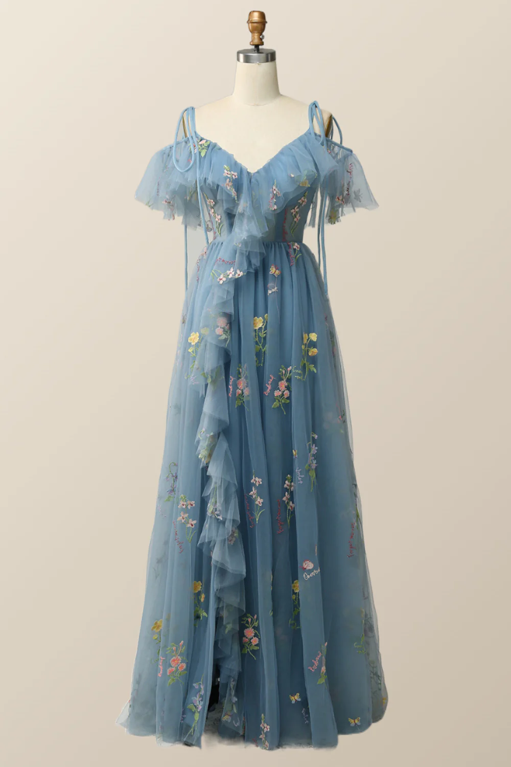 Lavender Floral Ruffles Tulle A-line Long Prom Dress - Image 9