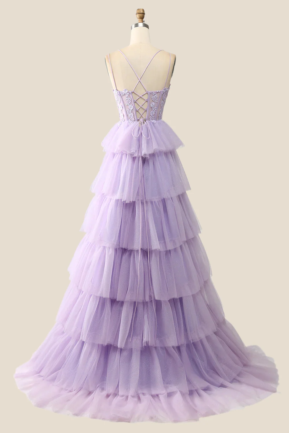 Lilac Appliques and Tulle Tiered Ruffle Gown - Image 3