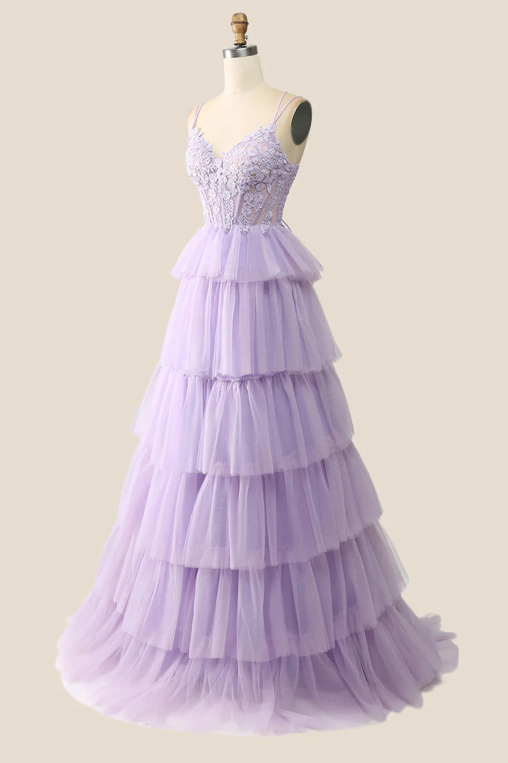 Lilac Appliques and Tulle Tiered Ruffle Gown - Image 4