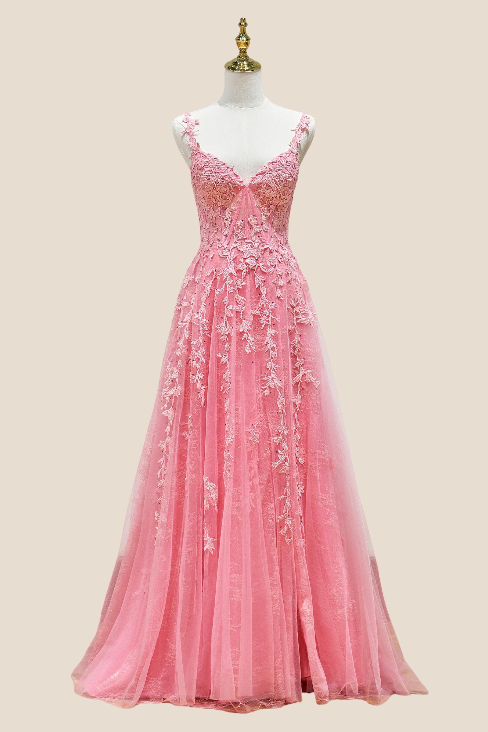 Hot Pink Lace Appliques A-line Long Formal Gown - Image 7