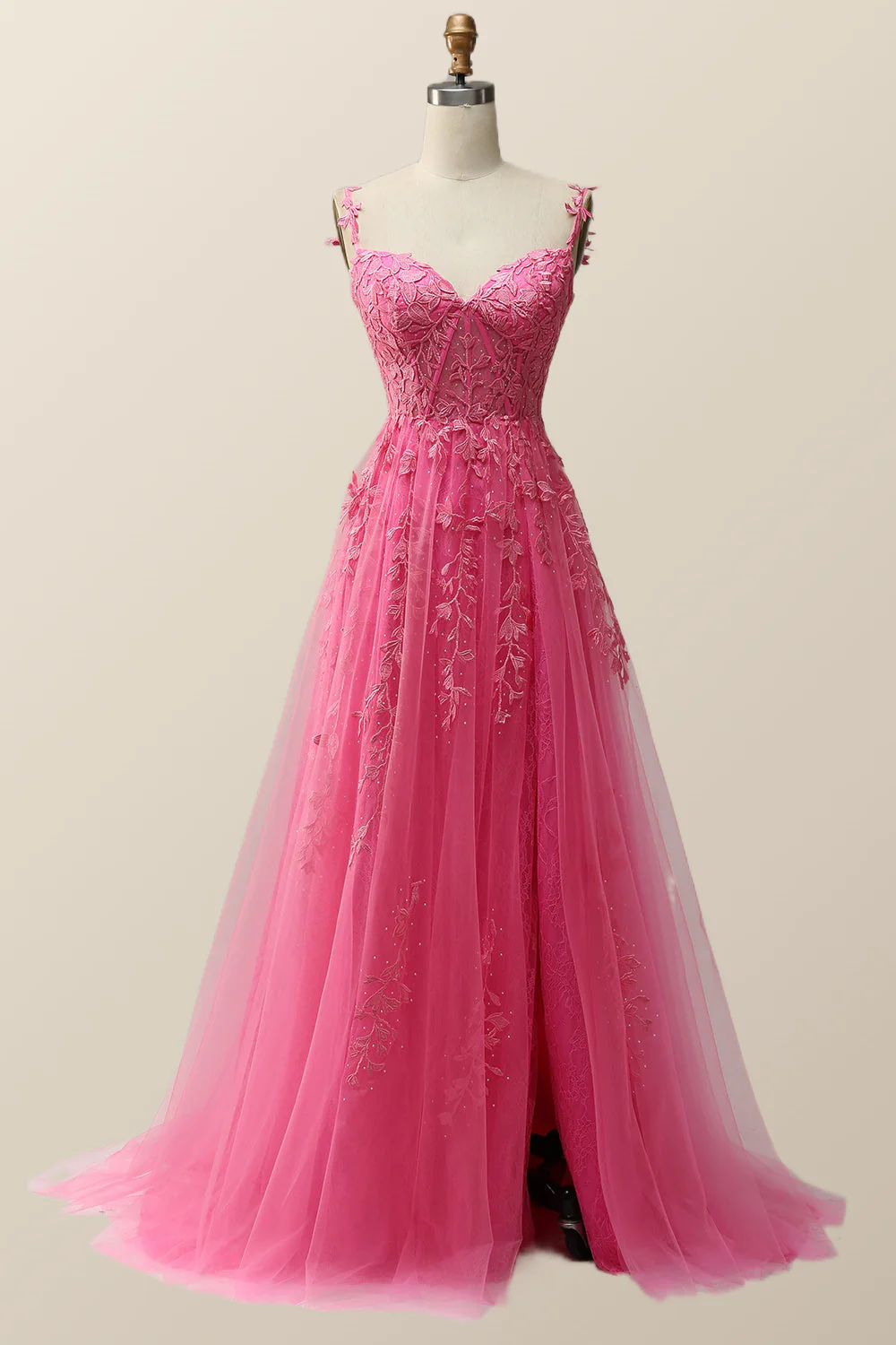Hot Pink Lace Appliques A-line Long Formal Gown - Image 8
