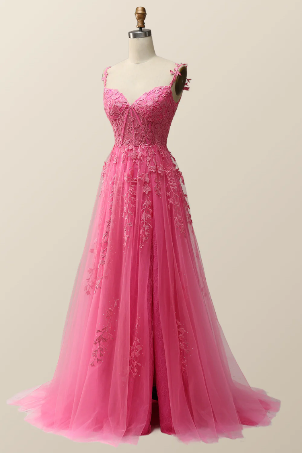 Hot Pink Lace Appliques A-line Long Formal Gown - Image 9