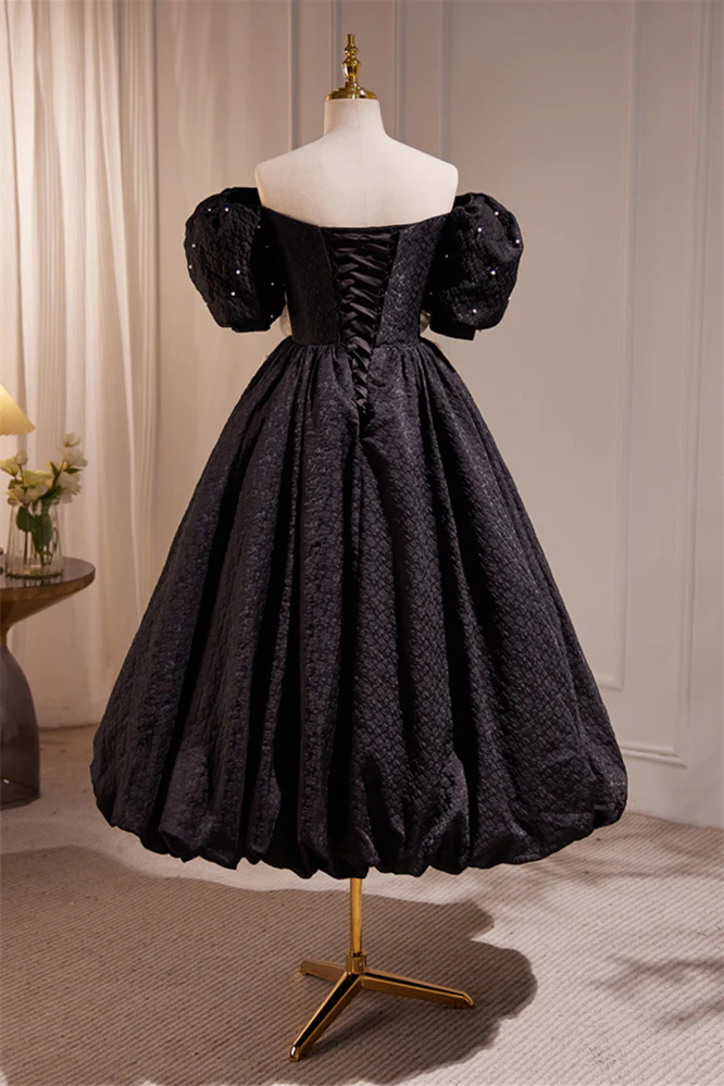 Off the Shoulder Black Tea Length Party Dress - Image 3