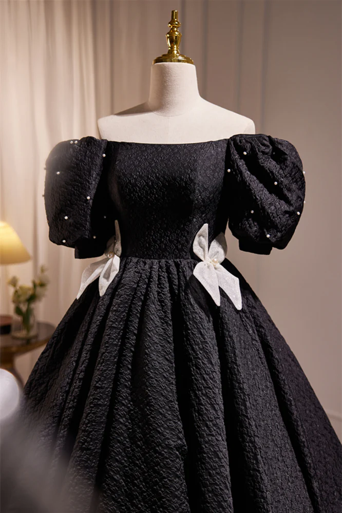 Off the Shoulder Black Tea Length Party Dress - Image 4