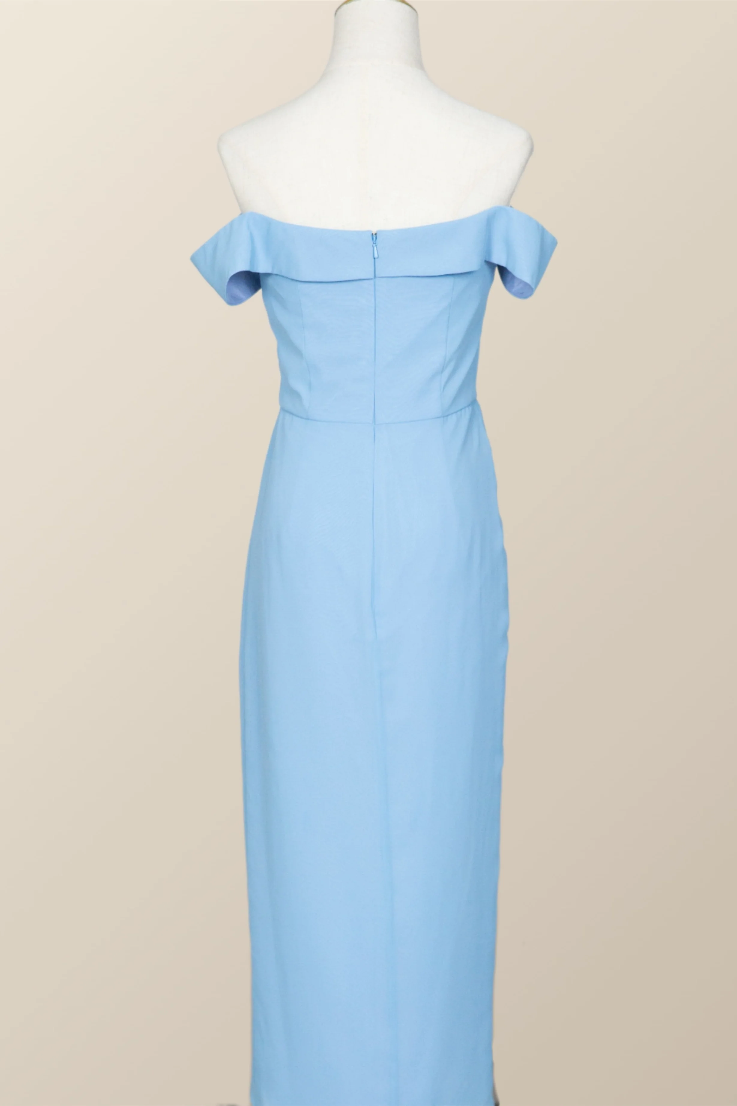 Off the Shoulder Blue Draped Midi Bridesmaid Dress - Image 3