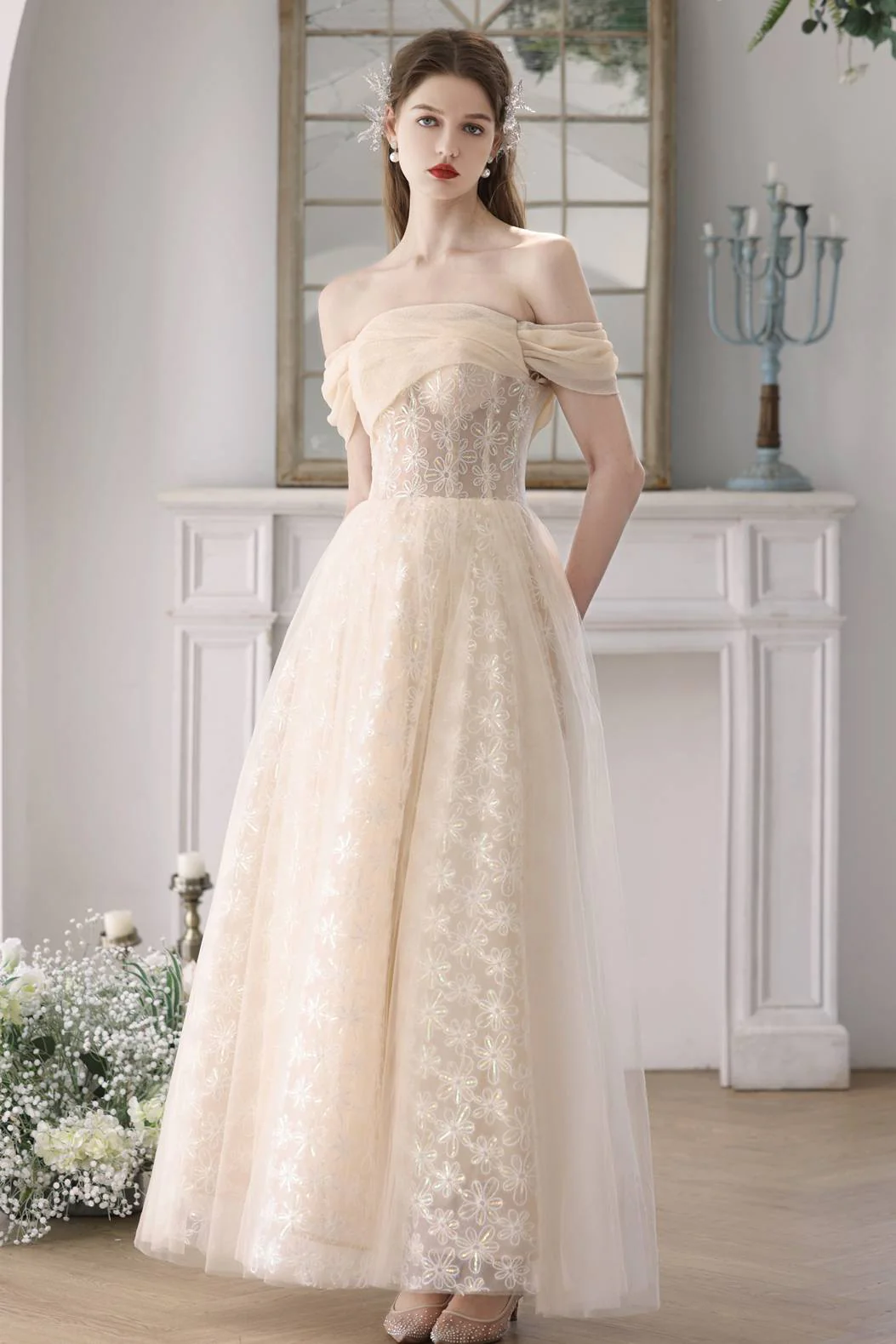 Off the Shoulder Champagne Tulle Princess Gown - Image 3