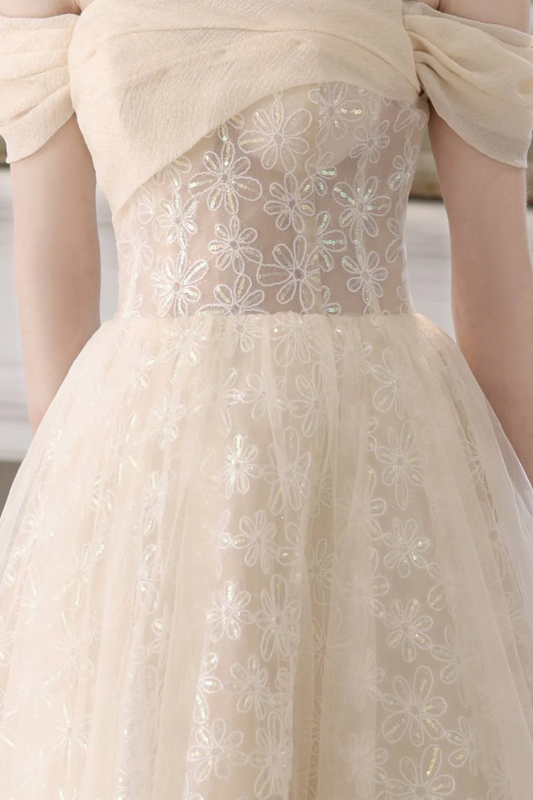 Off the Shoulder Champagne Tulle Princess Gown - Image 4