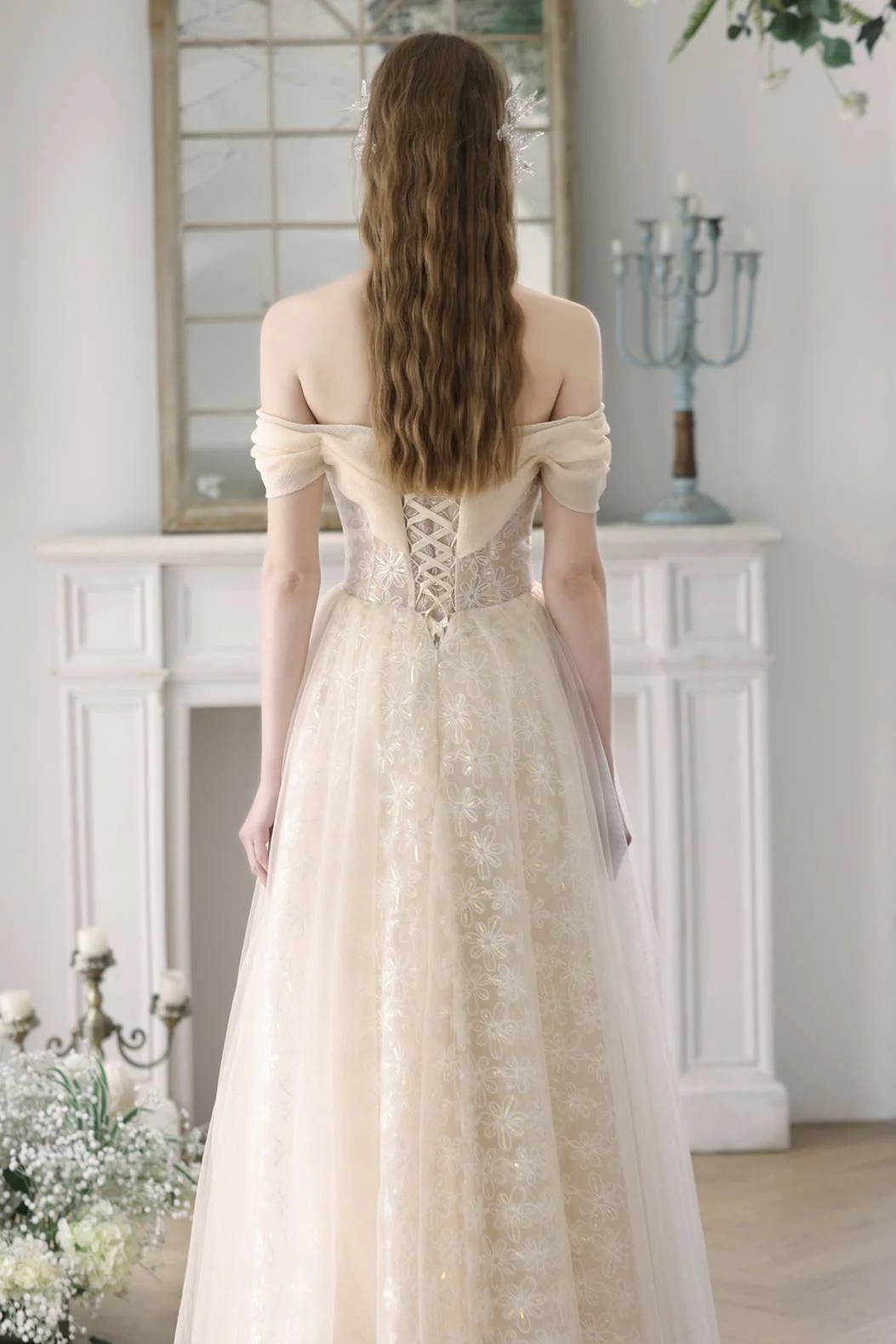 Off the Shoulder Champagne Tulle Princess Gown - Image 5