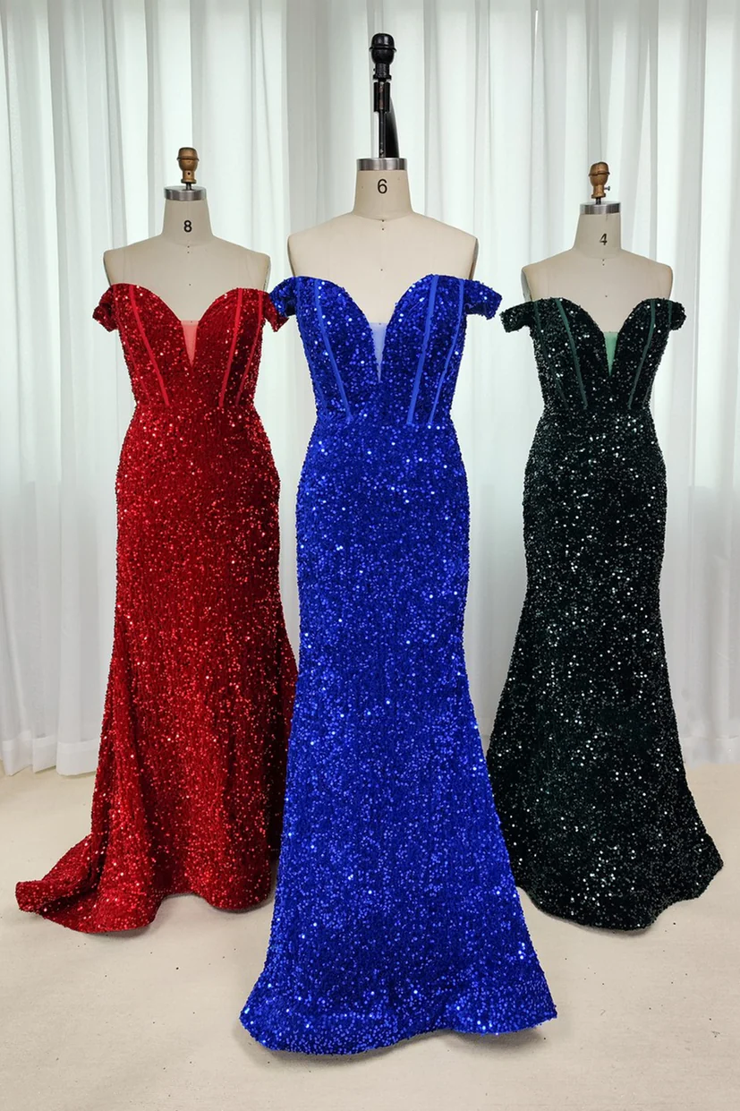 Off the Shoulder Dark Green Sequin Mermaid Prom Dress - Image 9