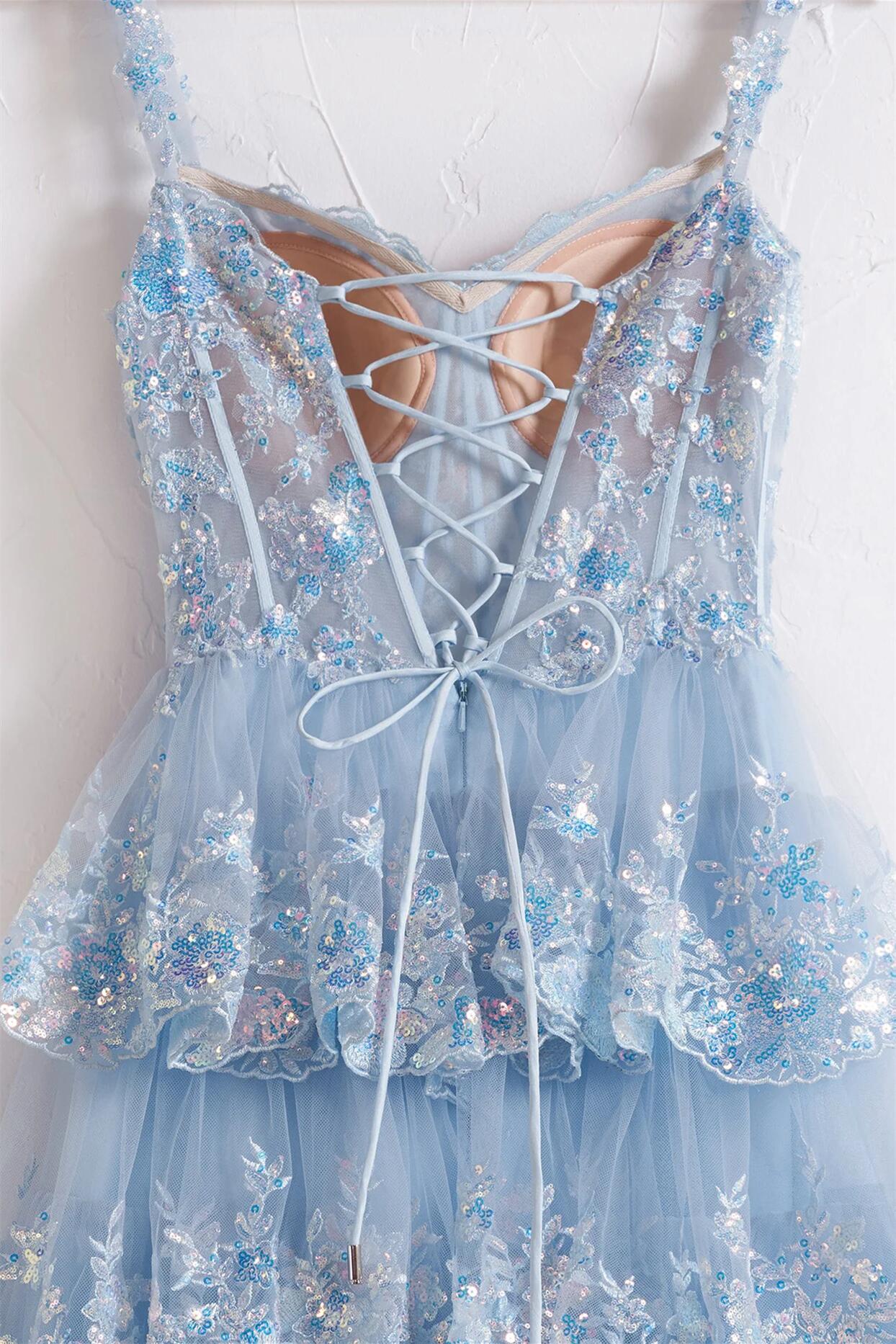 Off the Shoulder Light Blue Sequin Ruffles Long Formal Dress - Image 4