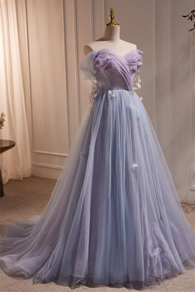 Off the Shoulder Lilac Tulle Formal Dress with Butterflies - Image 3