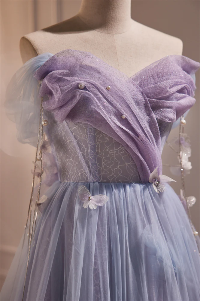 Off the Shoulder Lilac Tulle Formal Dress with Butterflies - Image 4