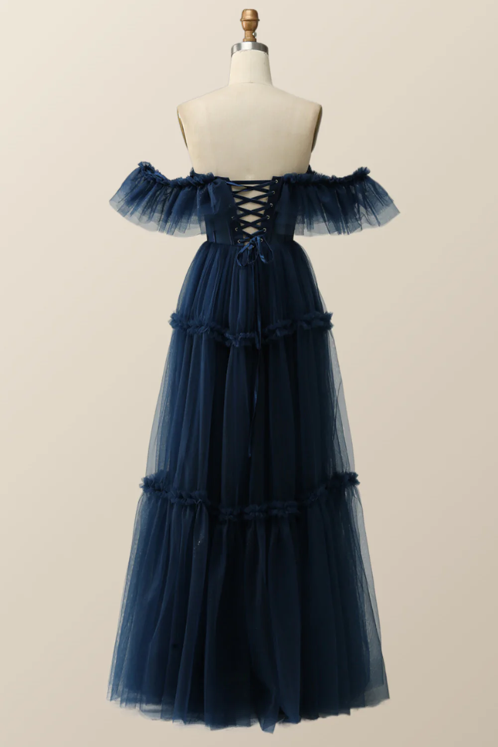 Off the Shoulder Navy Blue Tulle Formal Gown - Image 3