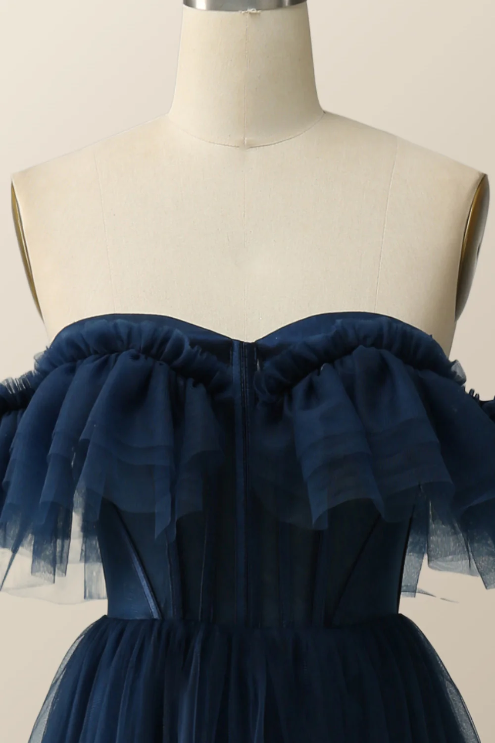 Off the Shoulder Navy Blue Tulle Formal Gown - Image 4