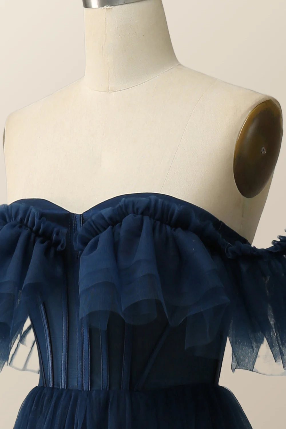 Off the Shoulder Navy Blue Tulle Formal Gown - Image 5