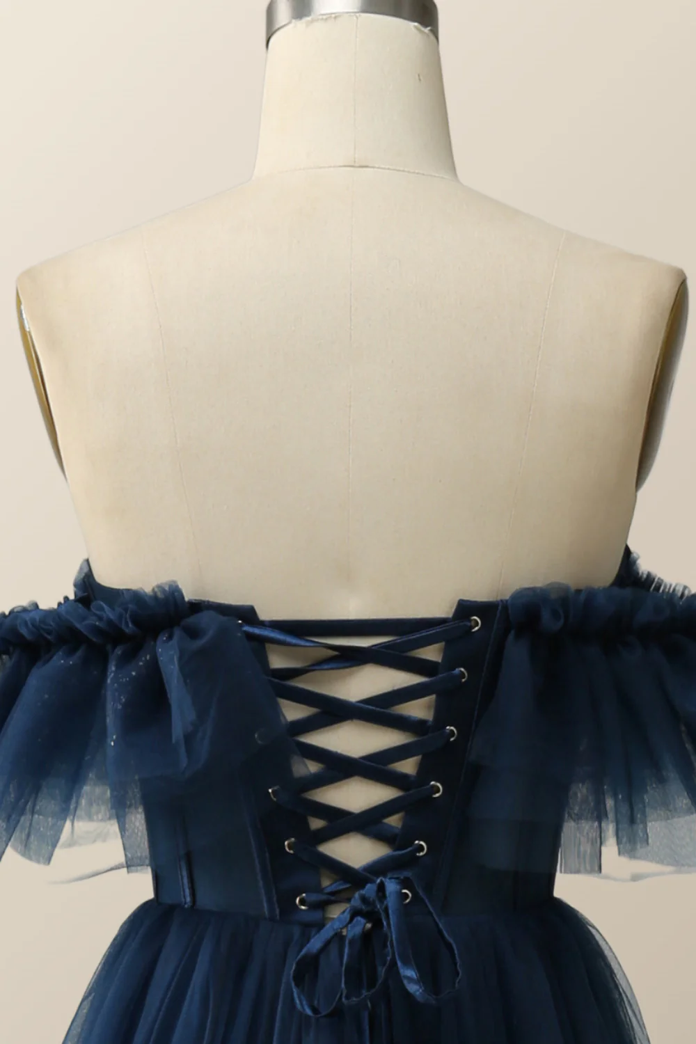 Off the Shoulder Navy Blue Tulle Formal Gown - Image 6