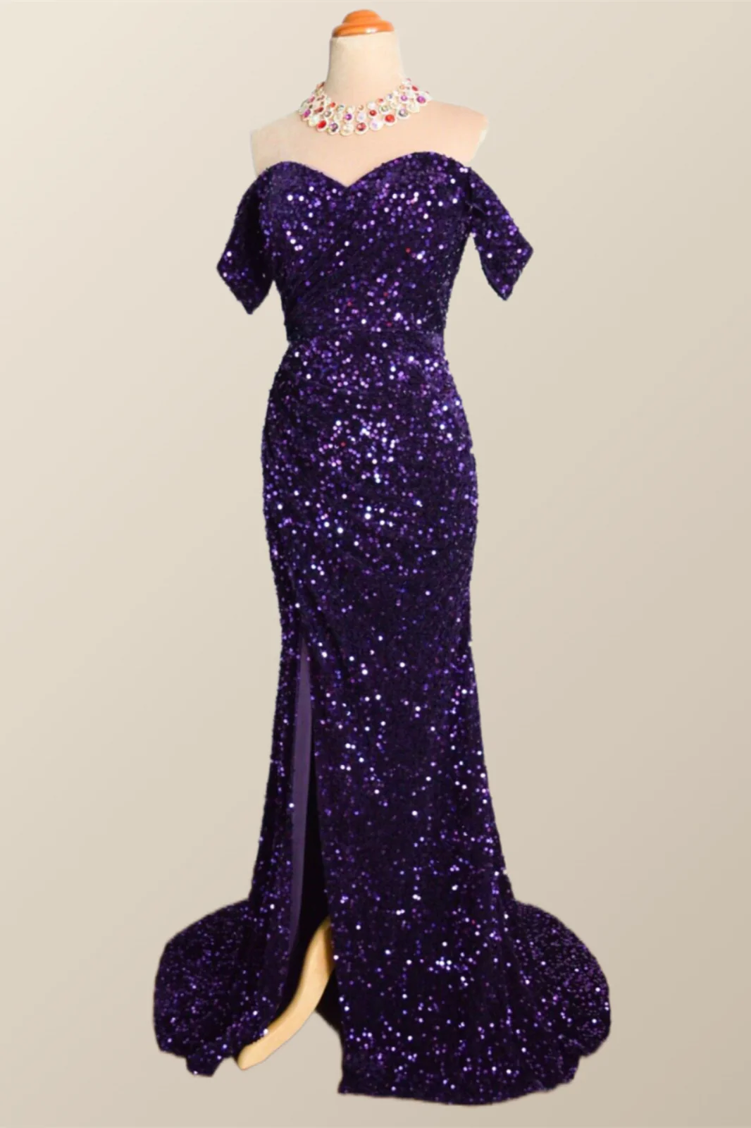 Off the Shoulder Purple Velvet Sequin Mermaid Party Dress - Image 3