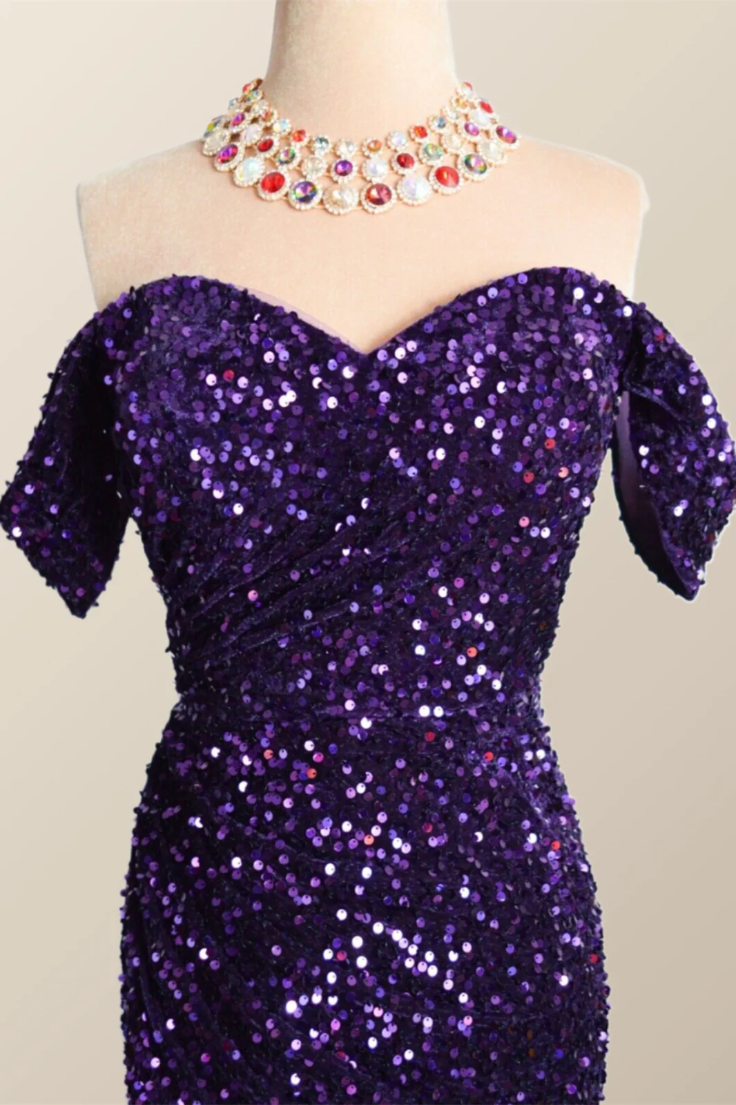 Off the Shoulder Purple Velvet Sequin Mermaid Party Dress - Image 4