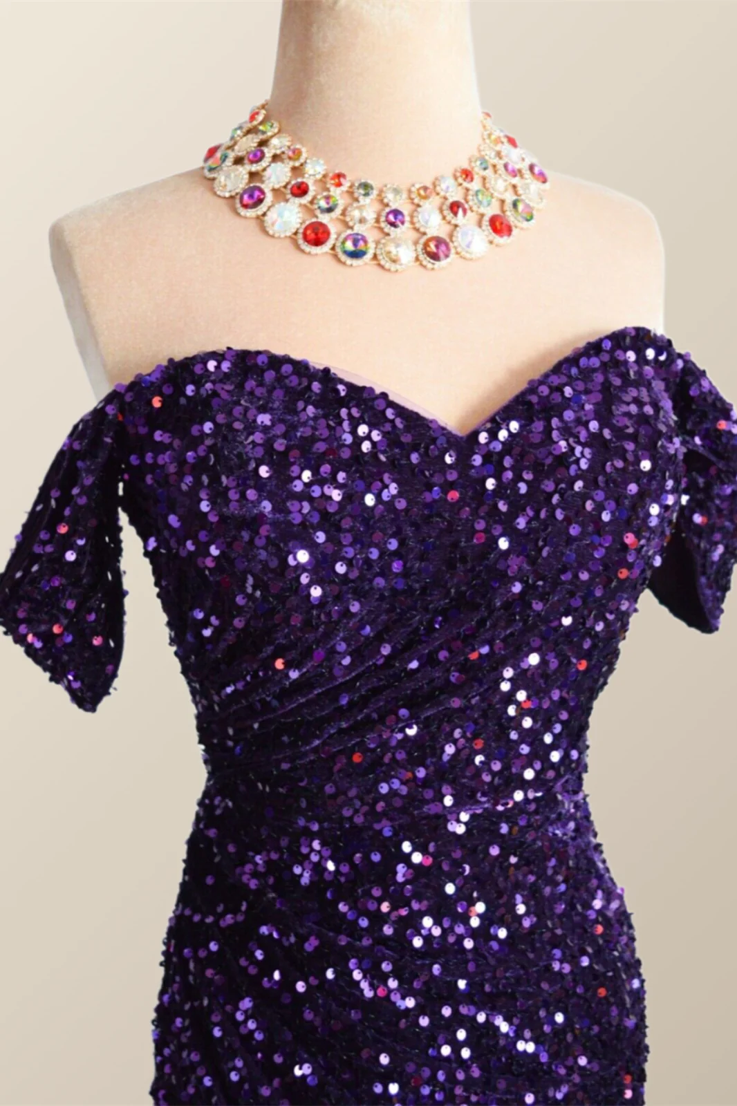 Off the Shoulder Purple Velvet Sequin Mermaid Party Dress - Image 5