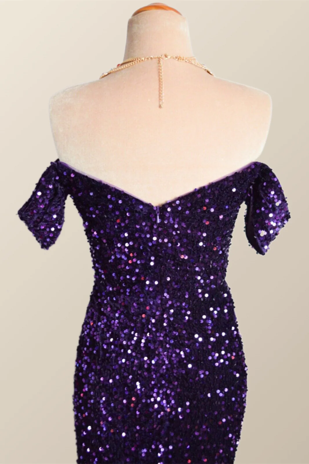 Off the Shoulder Purple Velvet Sequin Mermaid Party Dress - Image 6