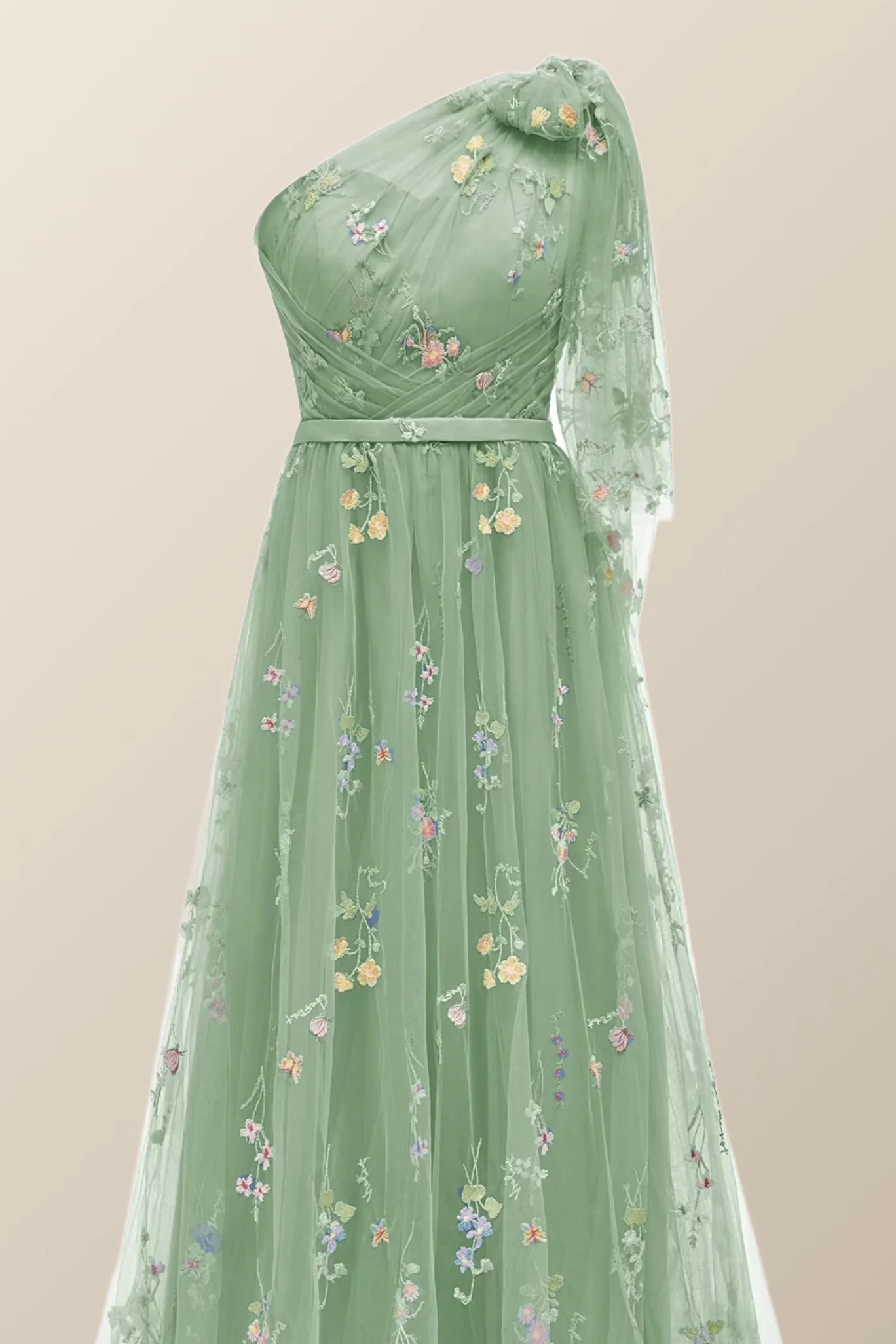 One Shoulder Blue Floral Long Formal Dress - Image 3