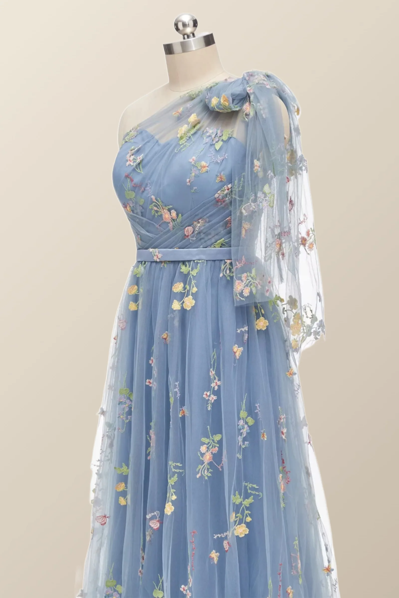 One Shoulder Blue Floral Long Formal Dress - Image 5