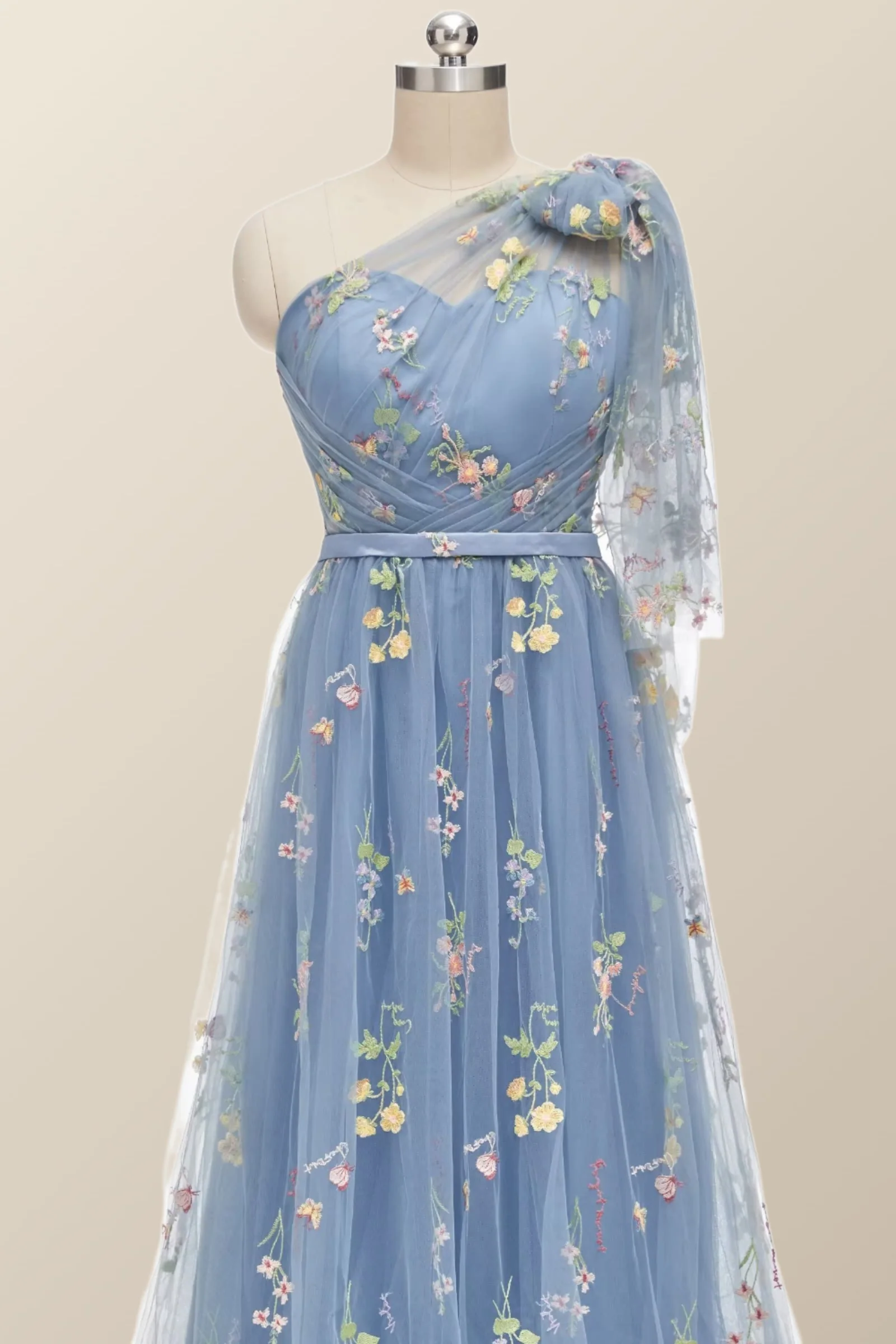 One Shoulder Blue Floral Long Formal Dress - Image 6