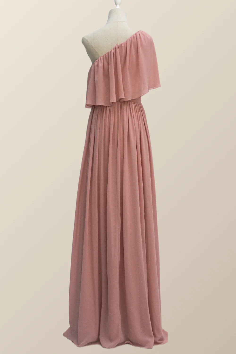 One Shoulder Blush Pink Chiffon Crepe Bridesmaid Dress - Image 3