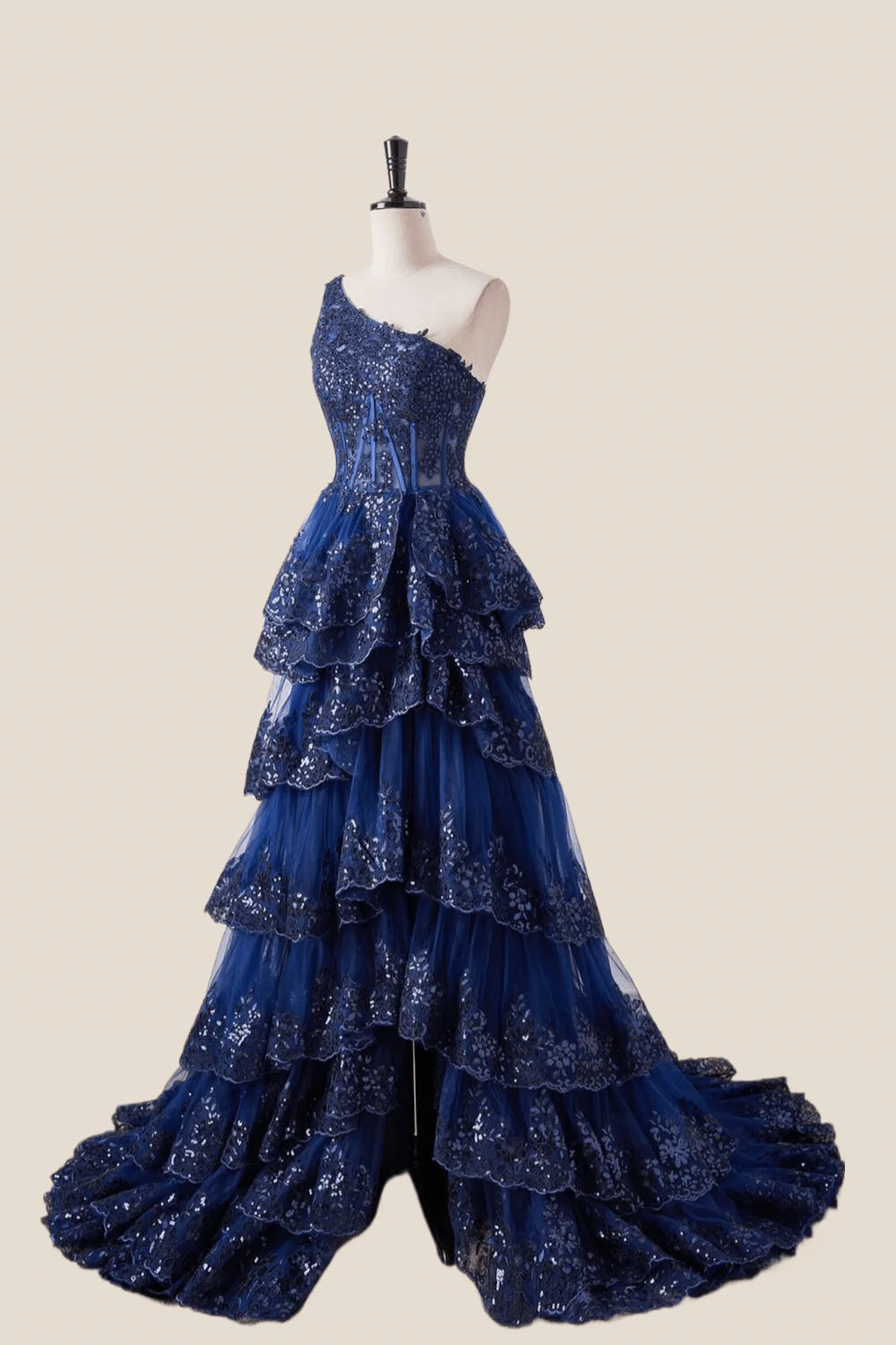One Shoulder Navy Blue Appliques Ruffles Long Formal Dress - Image 3