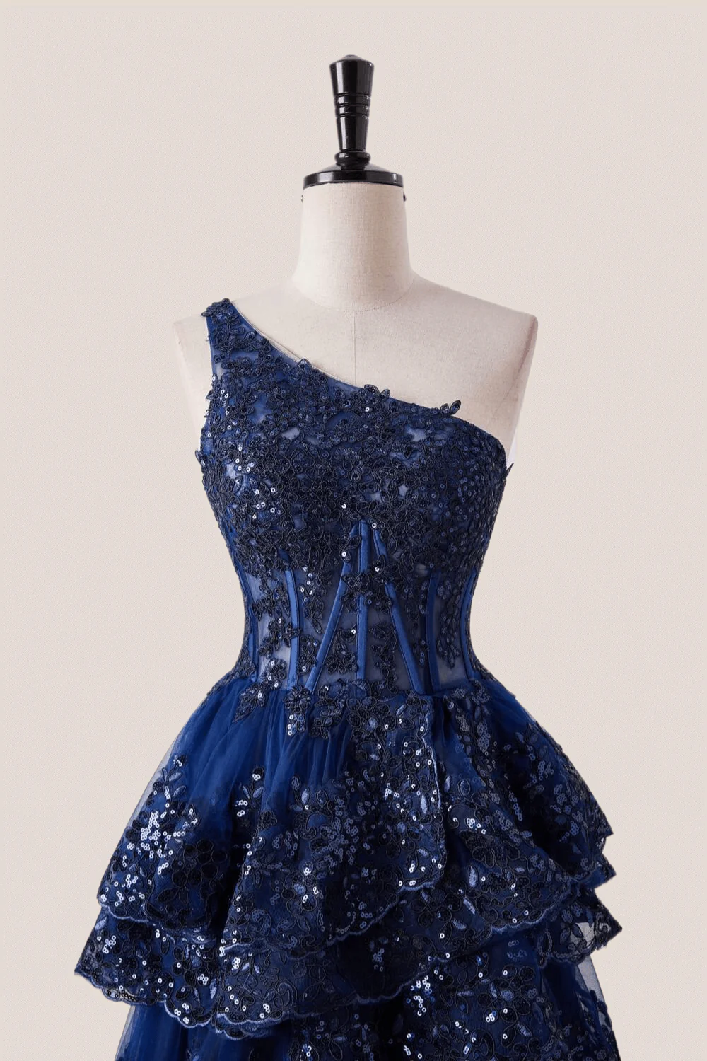 One Shoulder Navy Blue Appliques Ruffles Long Formal Dress - Image 4