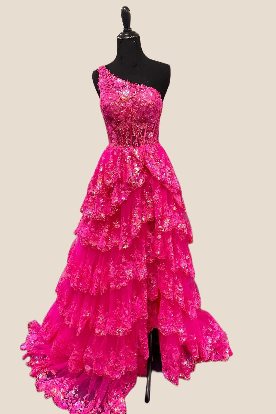 One Shoulder Navy Blue Appliques Ruffles Long Formal Dress - Image 6