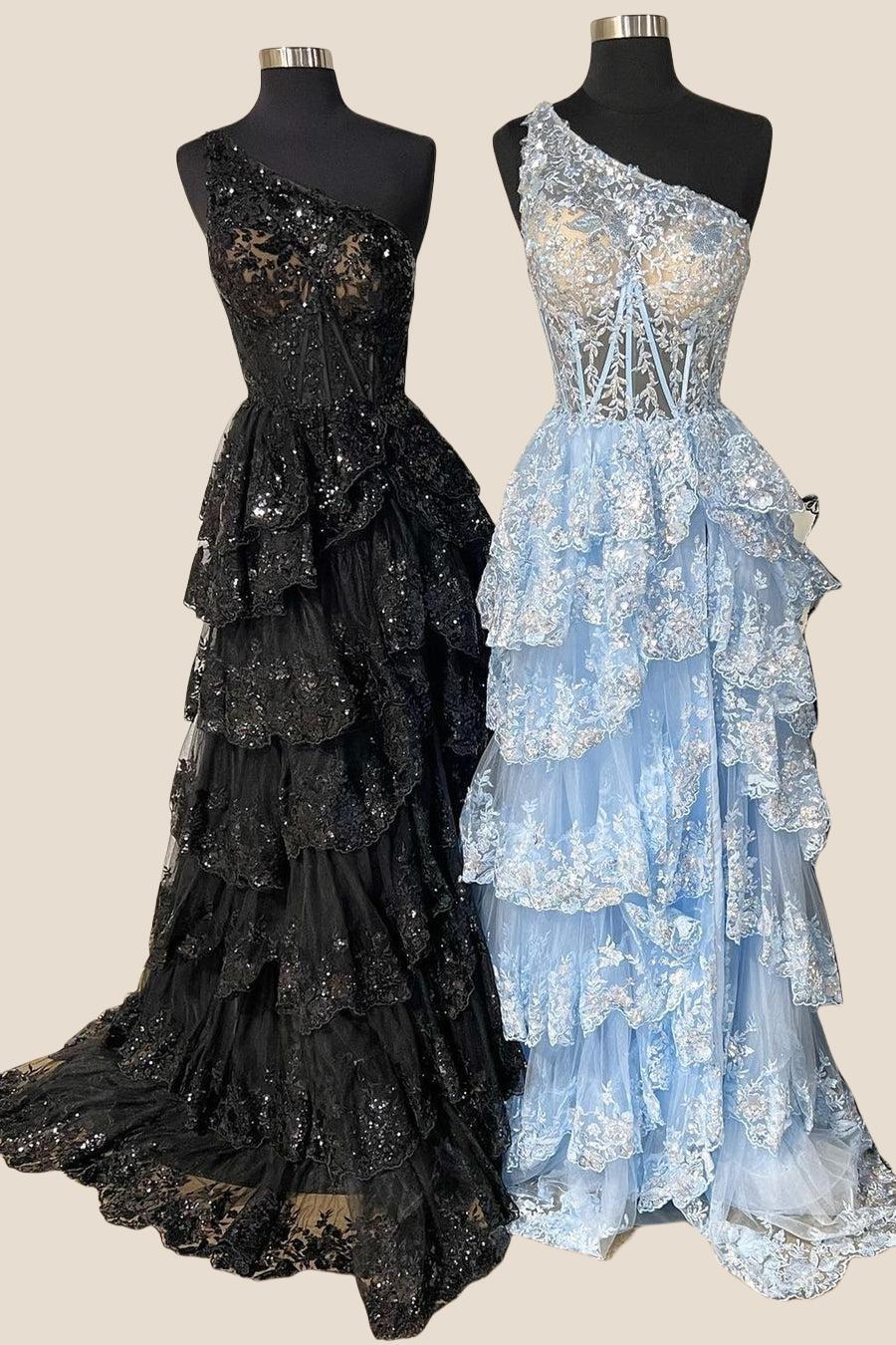 One Shoulder Navy Blue Appliques Ruffles Long Formal Dress - Image 7