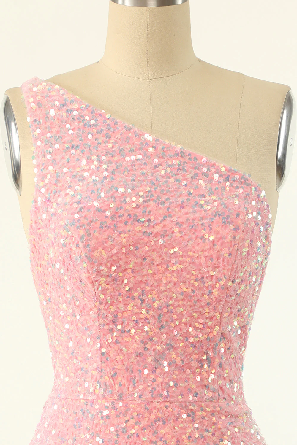 One Shoulder Pink Sequin Bodycon Mini Dress - Image 4