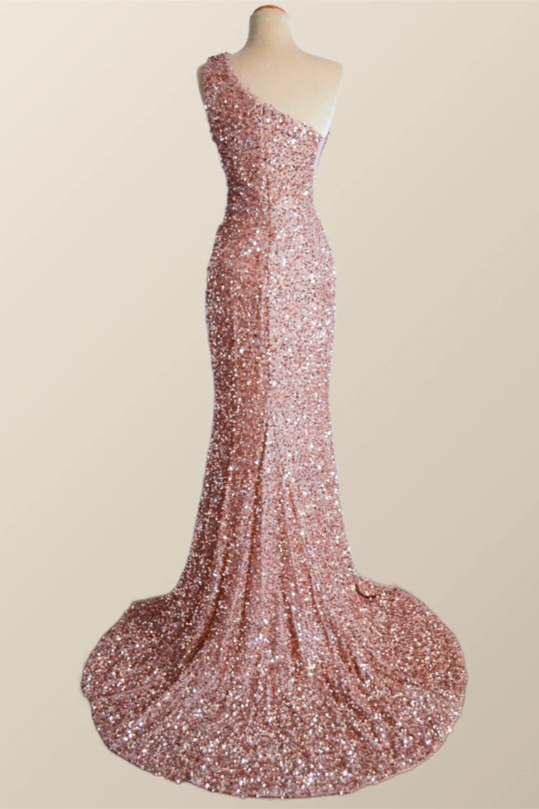 One Shoulder Rose Gold Sequin Mermaid Long Party Dress - Image 3