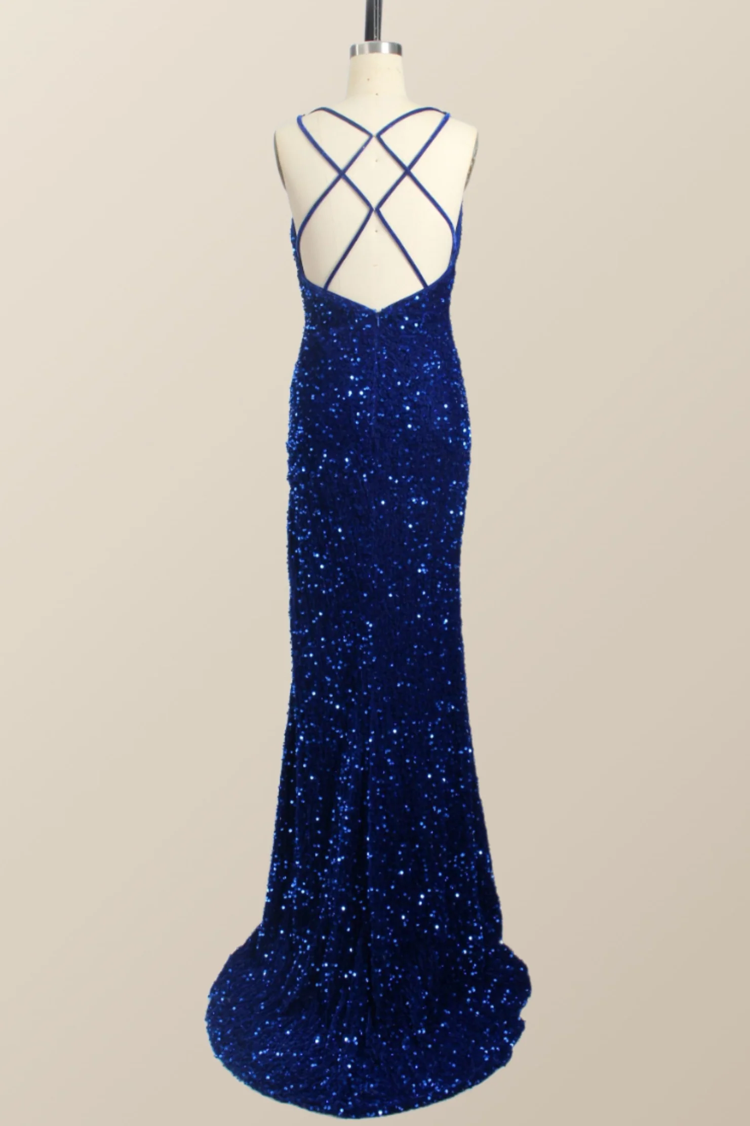 One Shoulder Royal Blue Sequin Slit Long Prom Dress - Image 3