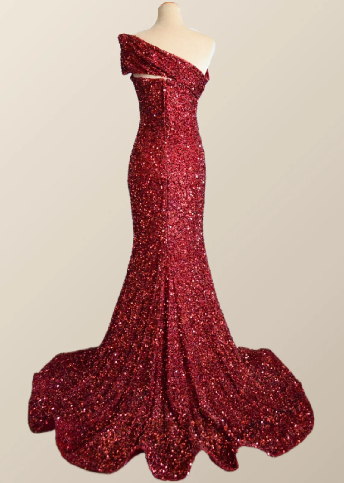 One Shoulder Wine Red Sequin Mermaid Party Dress - Image 3