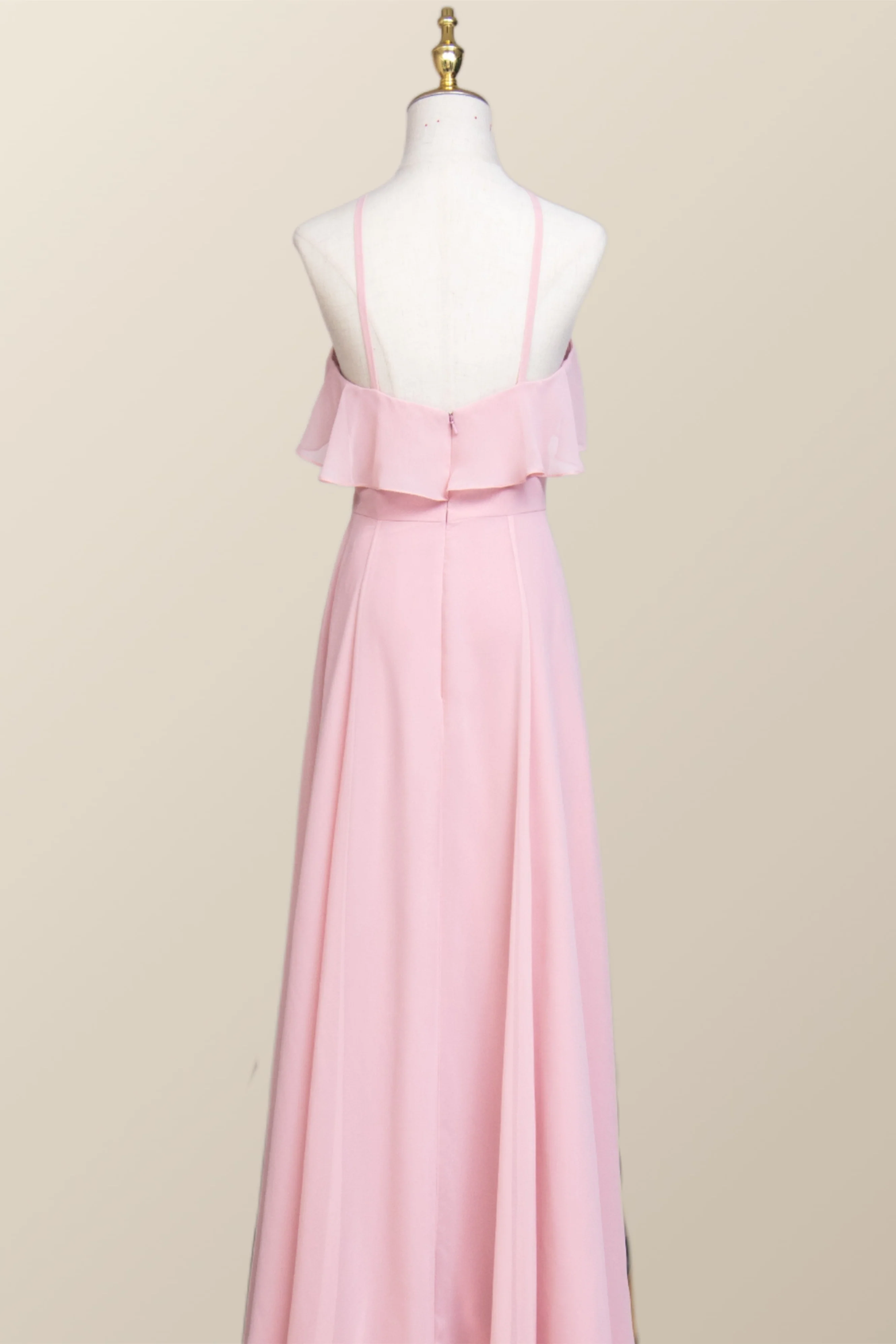 Pink Chiffon Ruffle Halter A-line Long Bridesmaid Dress - Image 3