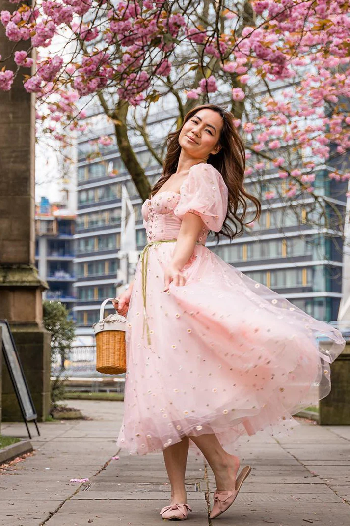 Pink Floral Embroidered Dress with Half Puffy Sleeves - Image 12