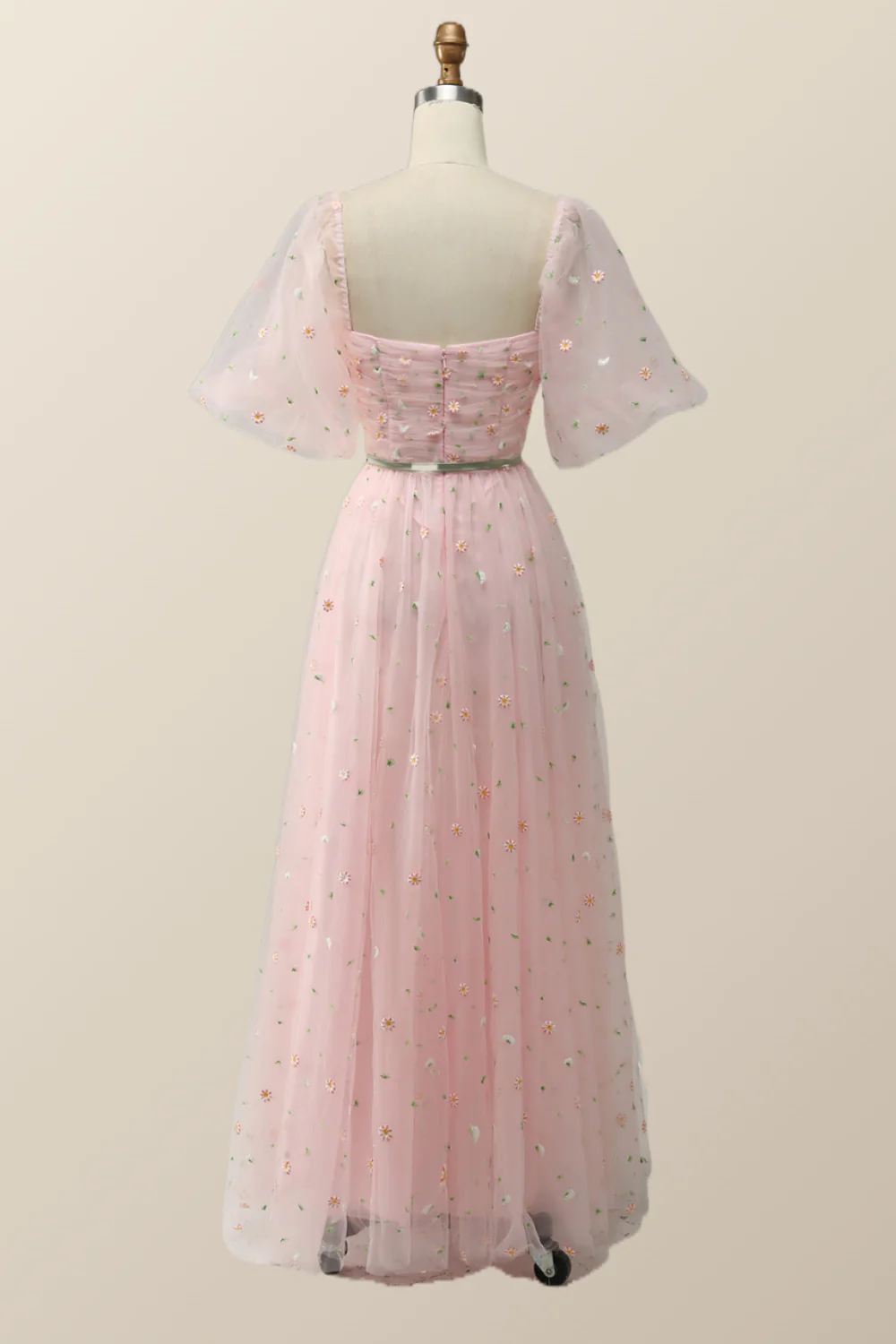 Pink Floral Embroidered Dress with Half Puffy Sleeves - Image 3