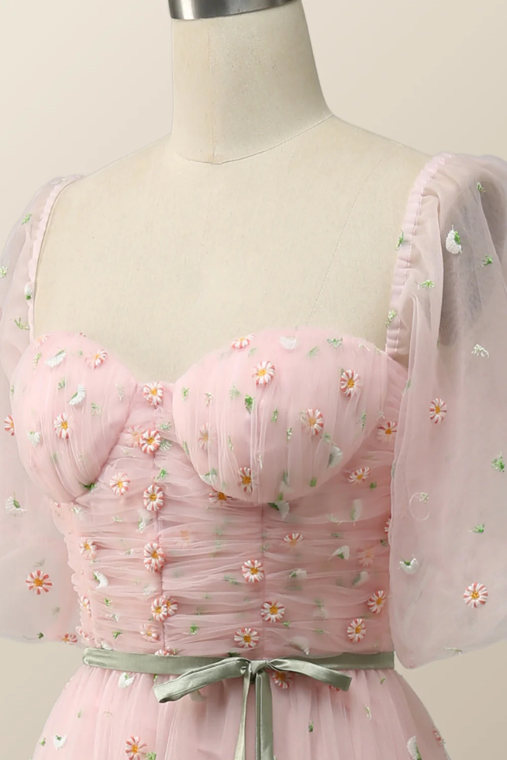 Pink Floral Embroidered Dress with Half Puffy Sleeves - Image 4