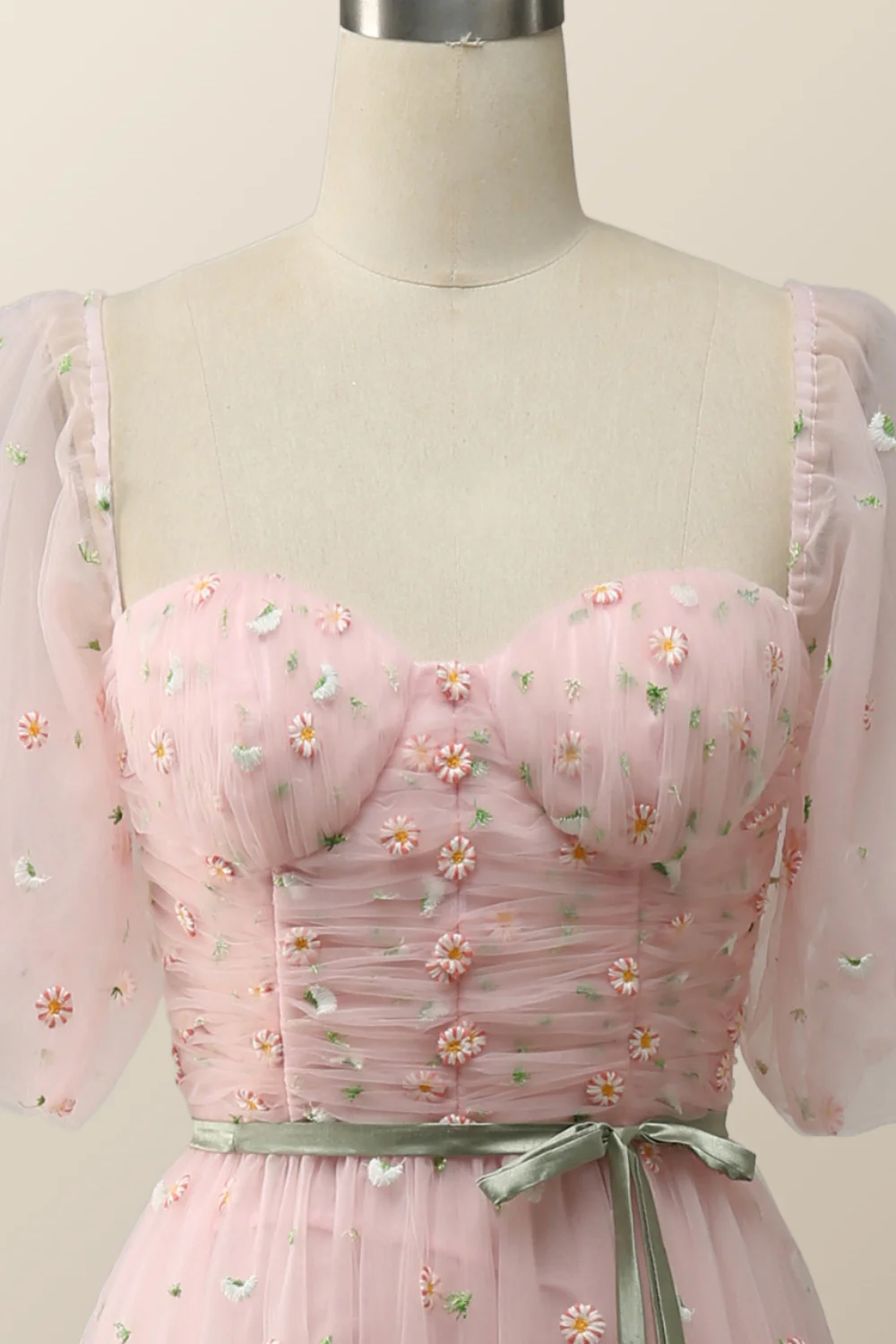 Pink Floral Embroidered Dress with Half Puffy Sleeves - Image 5