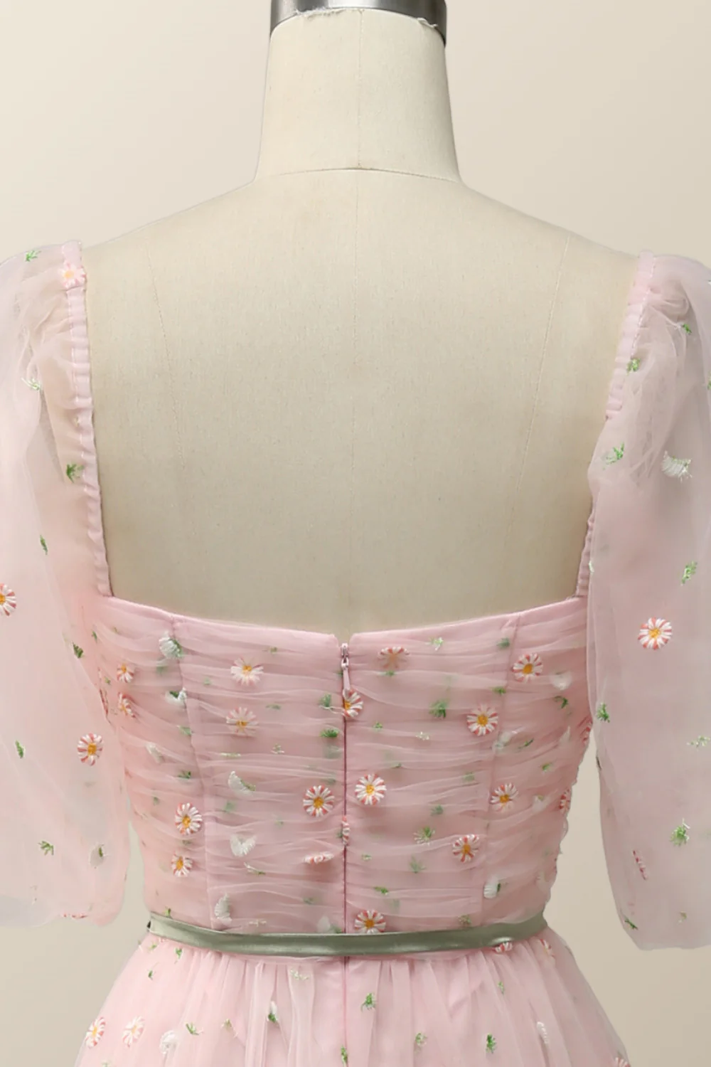 Pink Floral Embroidered Dress with Half Puffy Sleeves - Image 6