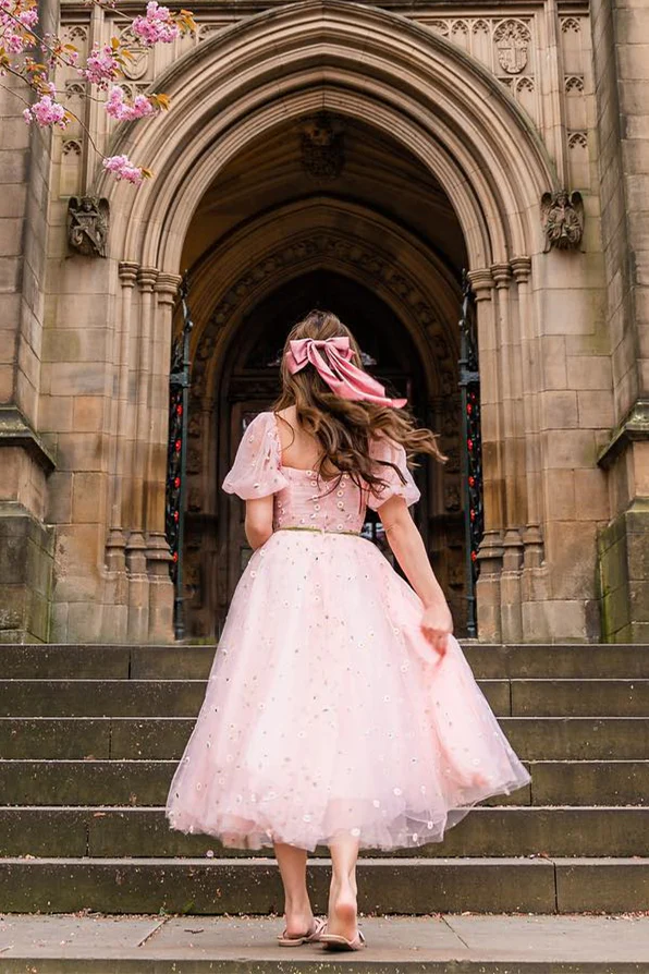 Pink Floral Embroidered Dress with Half Puffy Sleeves - Image 7
