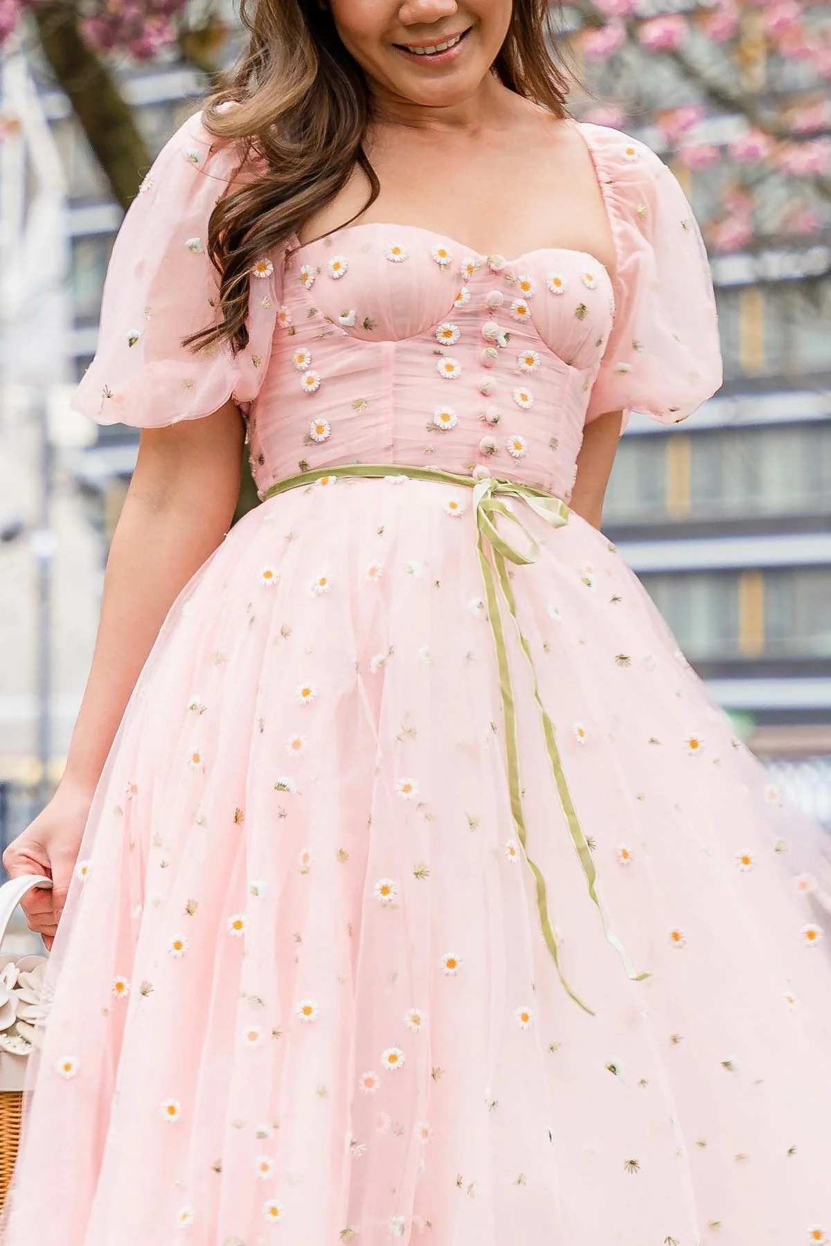 Pink Floral Embroidered Dress with Half Puffy Sleeves - Image 9