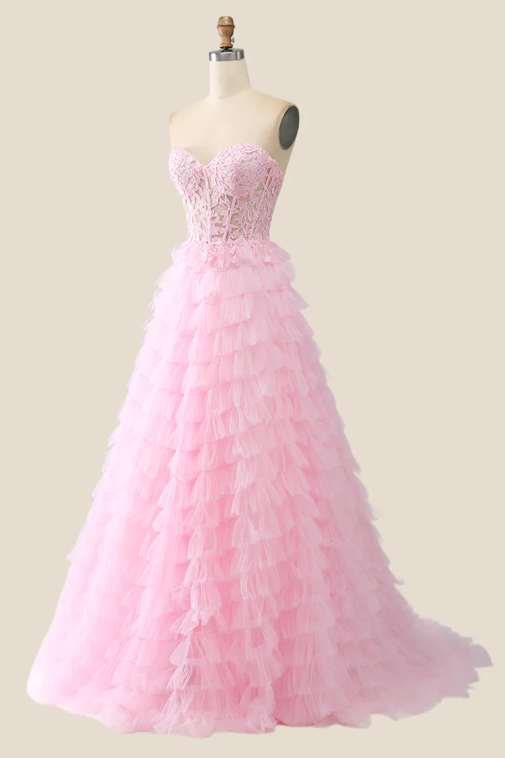 Pink Sweetheart Lace and Tulle Tiered Gown - Image 3