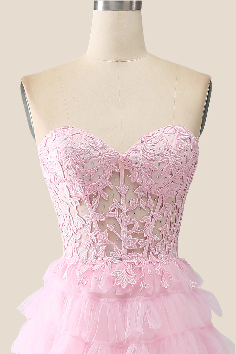 Pink Sweetheart Lace and Tulle Tiered Gown - Image 4