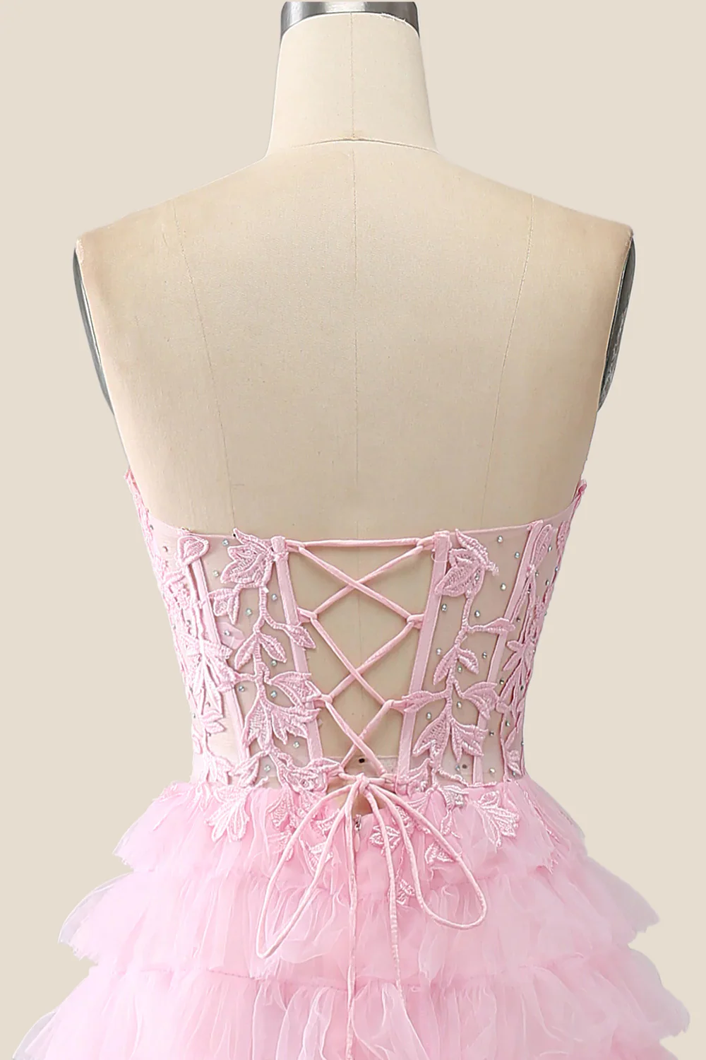 Pink Sweetheart Lace and Tulle Tiered Gown - Image 5