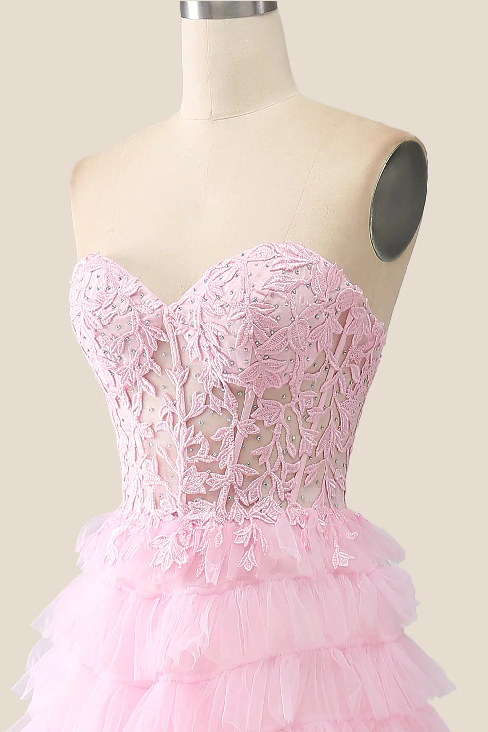 Pink Sweetheart Lace and Tulle Tiered Gown - Image 6