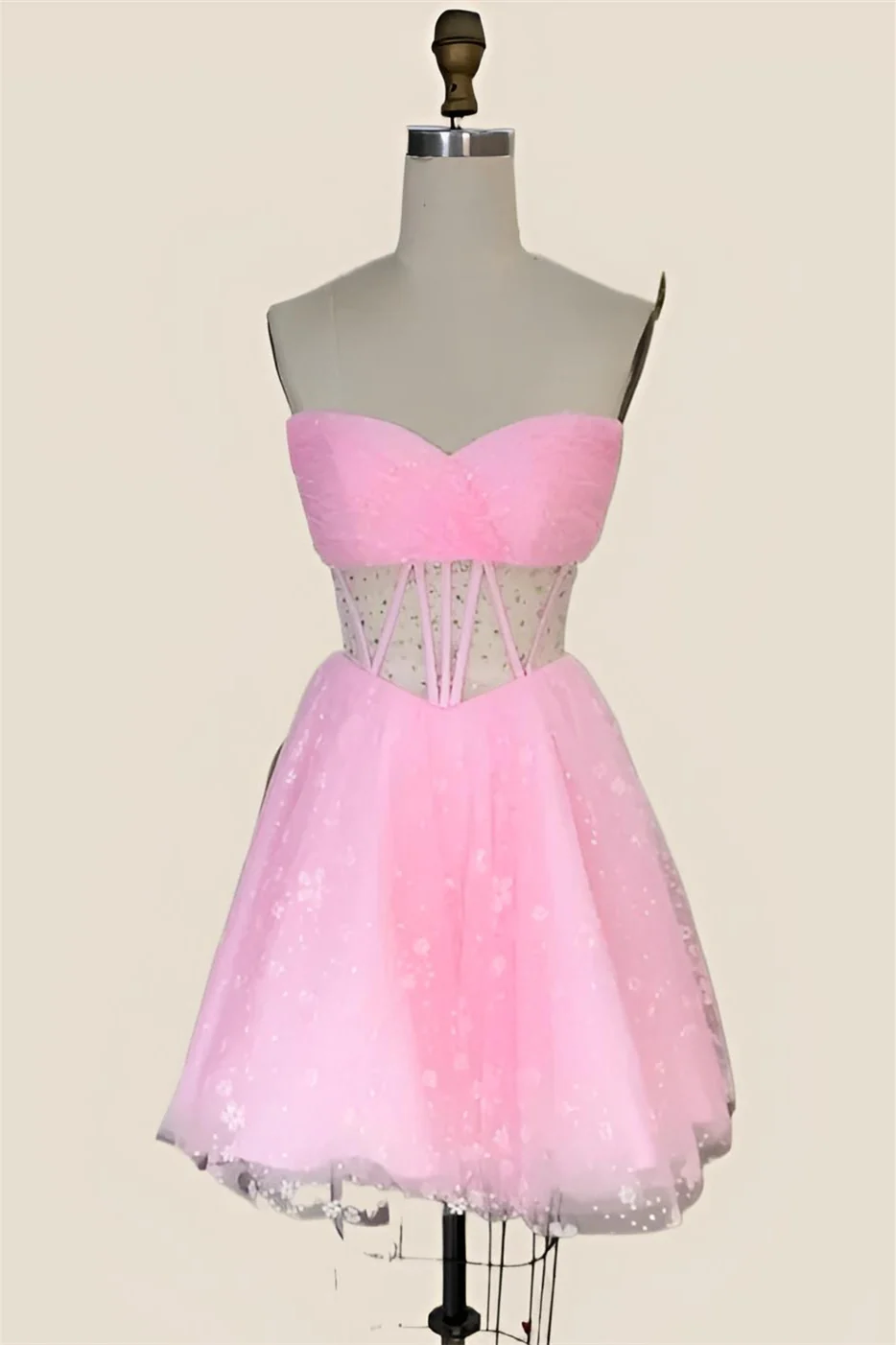 Pink Tulle Short Dress with Floral Print - Image 4