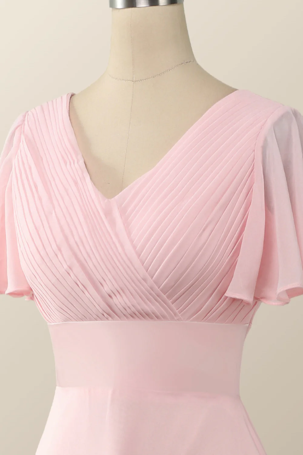 Pleated Pink Flare Sleeves Chiffon Long Bridesmaid Dress - Image 4